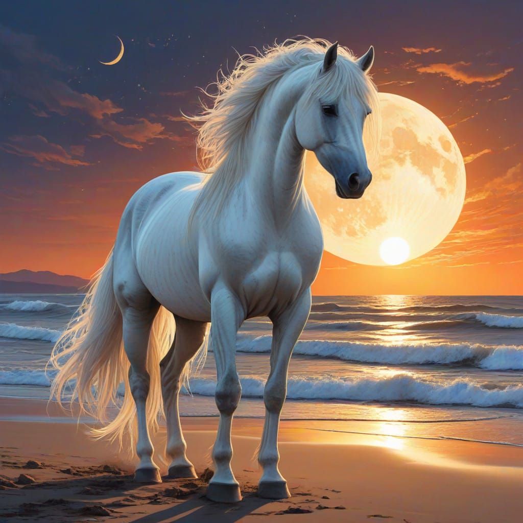 Ethereal White Stallion Under Summer Sunset Skies