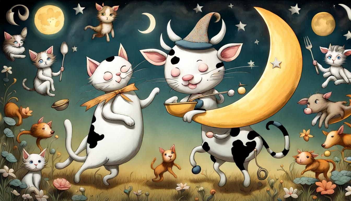 Surreal Nursery Rhyme Scene in Watercolor Style