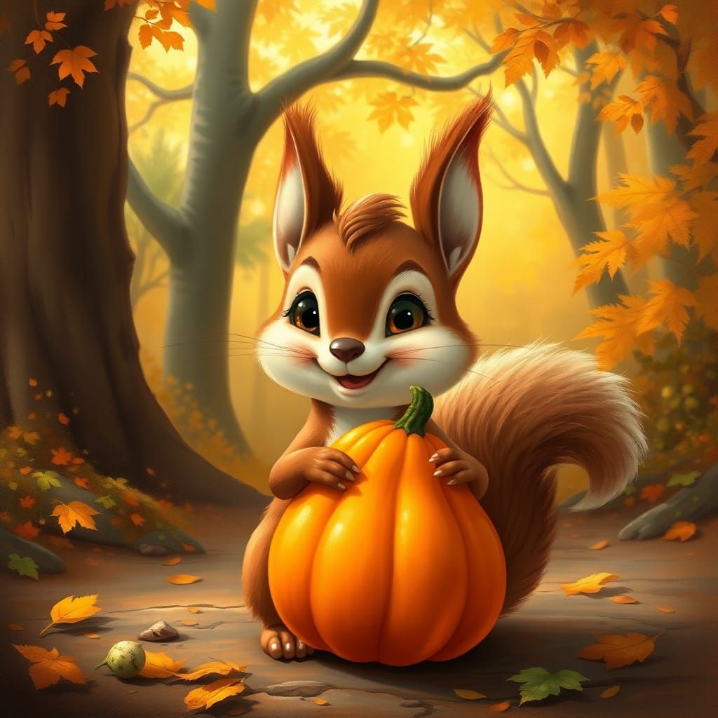 Whimsical Squirrel with Gourd in Autumn Forest