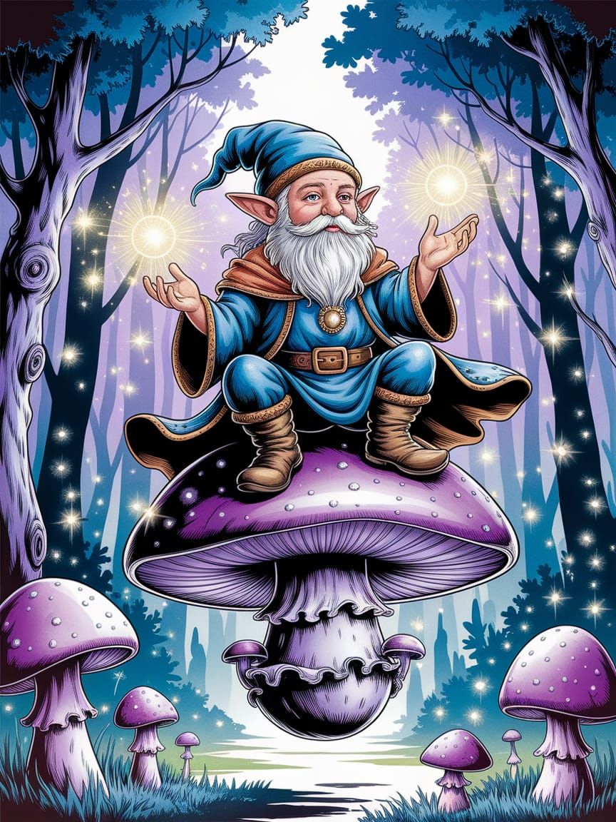 Gnome Mage in Bioluminescent Forest: Watercolor and Ink