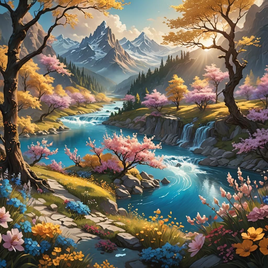 Serene Mountain Landscape with Vibrant Flowers and Gentle Ri...