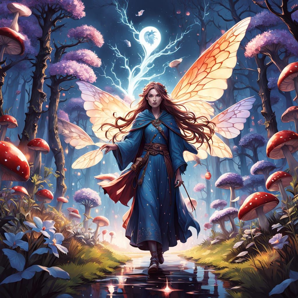 Whimsical Forest Fairy Offers Apple to Enchanted Mushroom