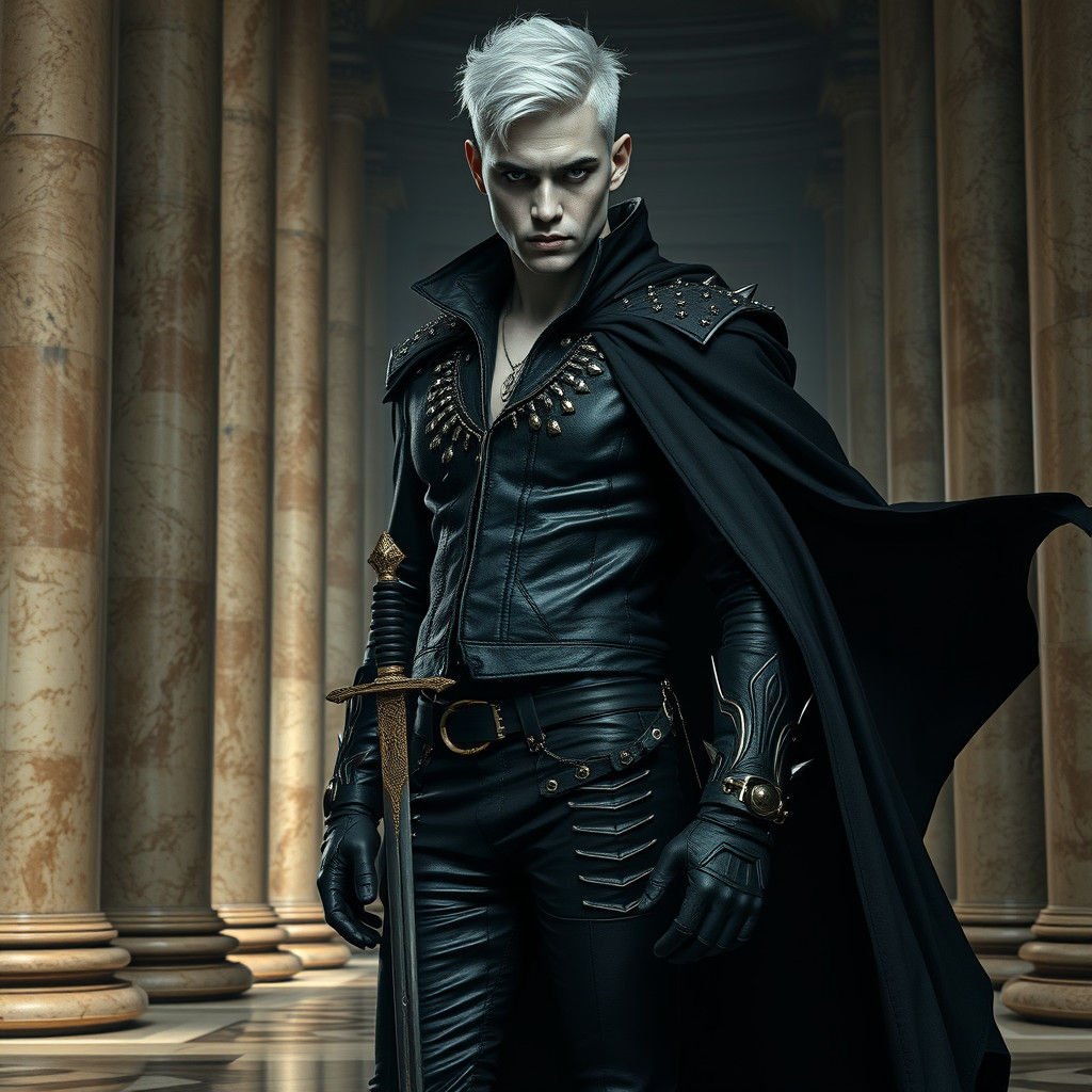 Silver-Haired Man in Leather in a Gothic Hall