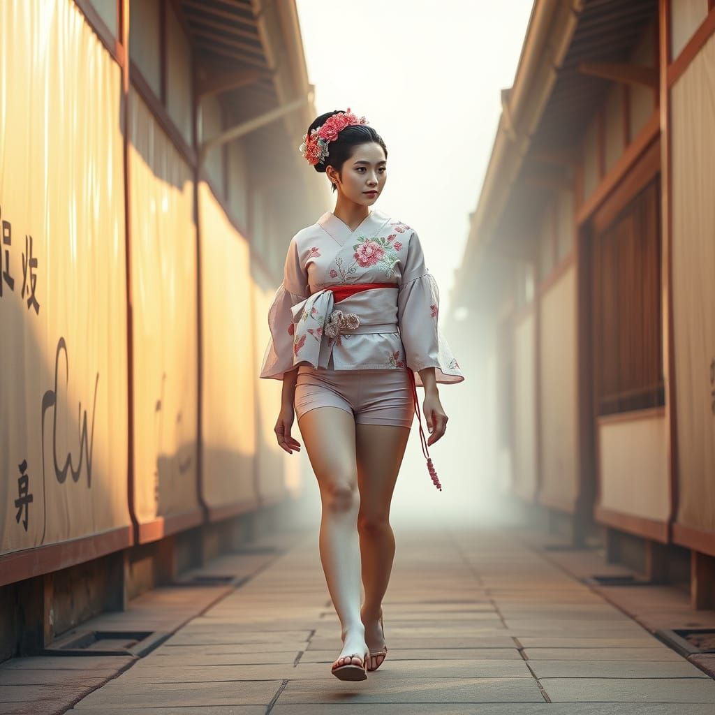 Geisha in Modern Fashion with Traditional Embroidery