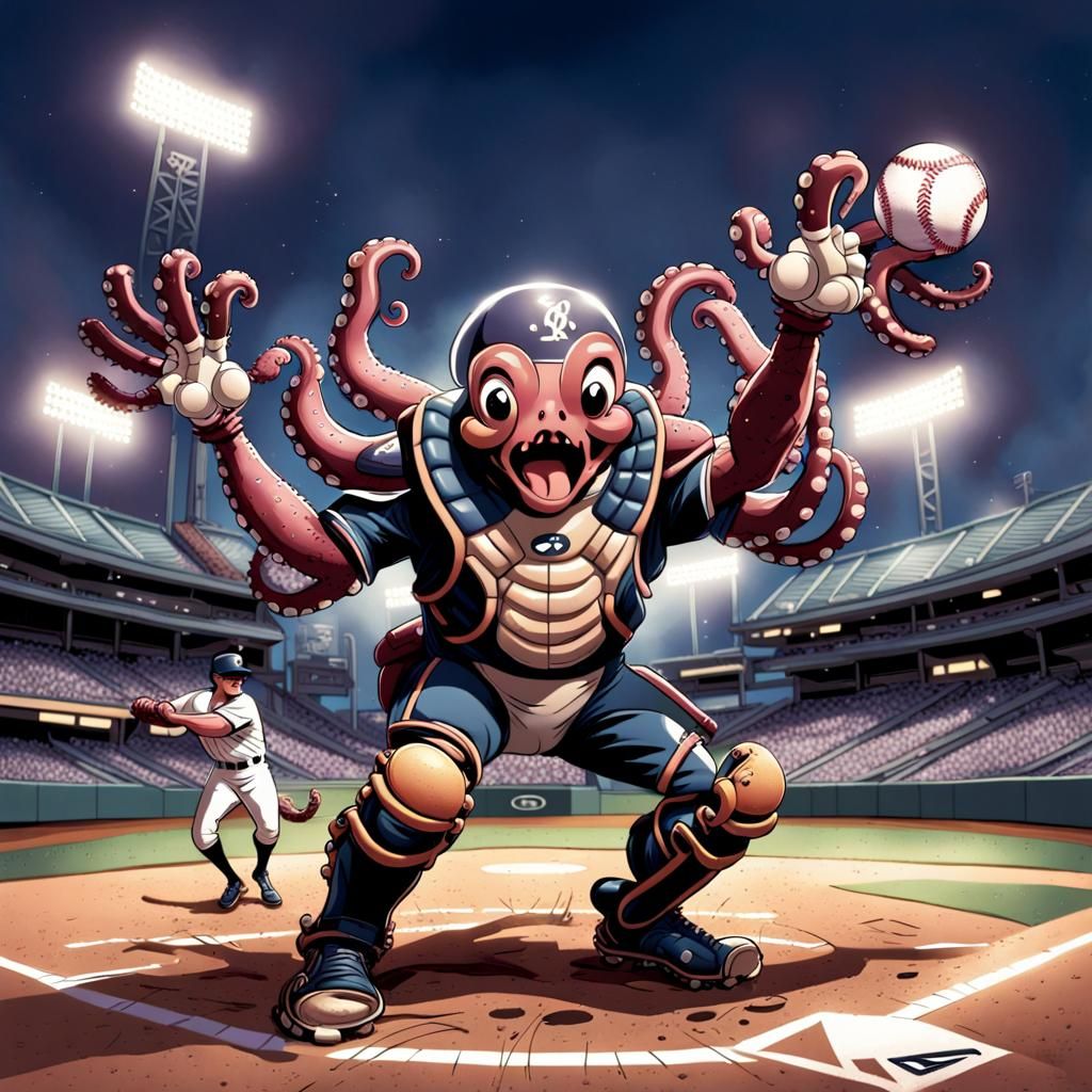 Funny Octopus Baseball Catcher in Comic Art Style