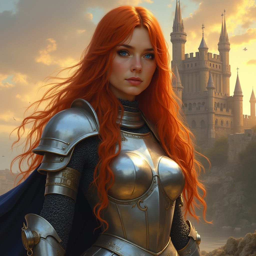 Medieval Maiden in Silver Armor Stands Before a Castle