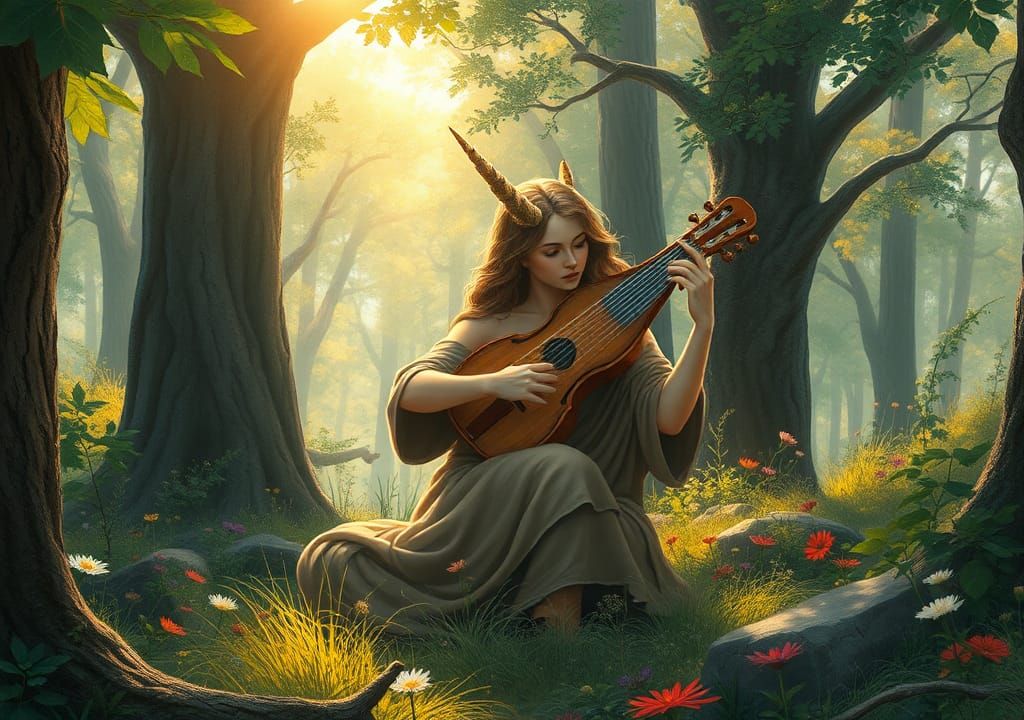Centaur Playing Lyre in Forest, Ethereal Fantasy Art