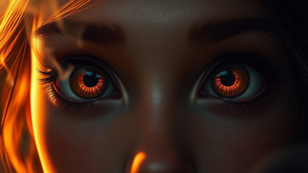Intense Brown Eyes with Golden Fire - Photorealistic Fantasy