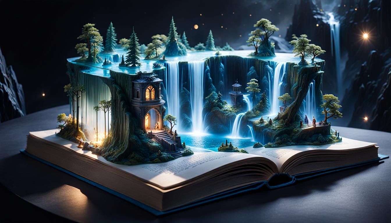 Miniature fantasy Glass world carved into an open book