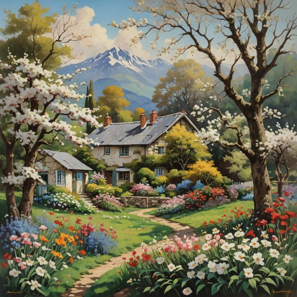 Picturesque Cottage Landscape with Blossoms