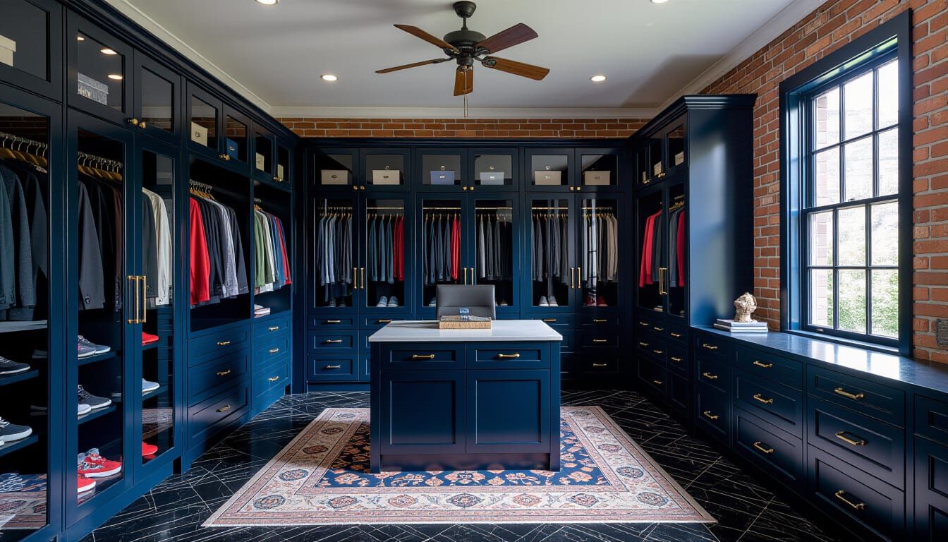 Victorian Walk-In Closet Room with Dark Blue and Brick Accen...