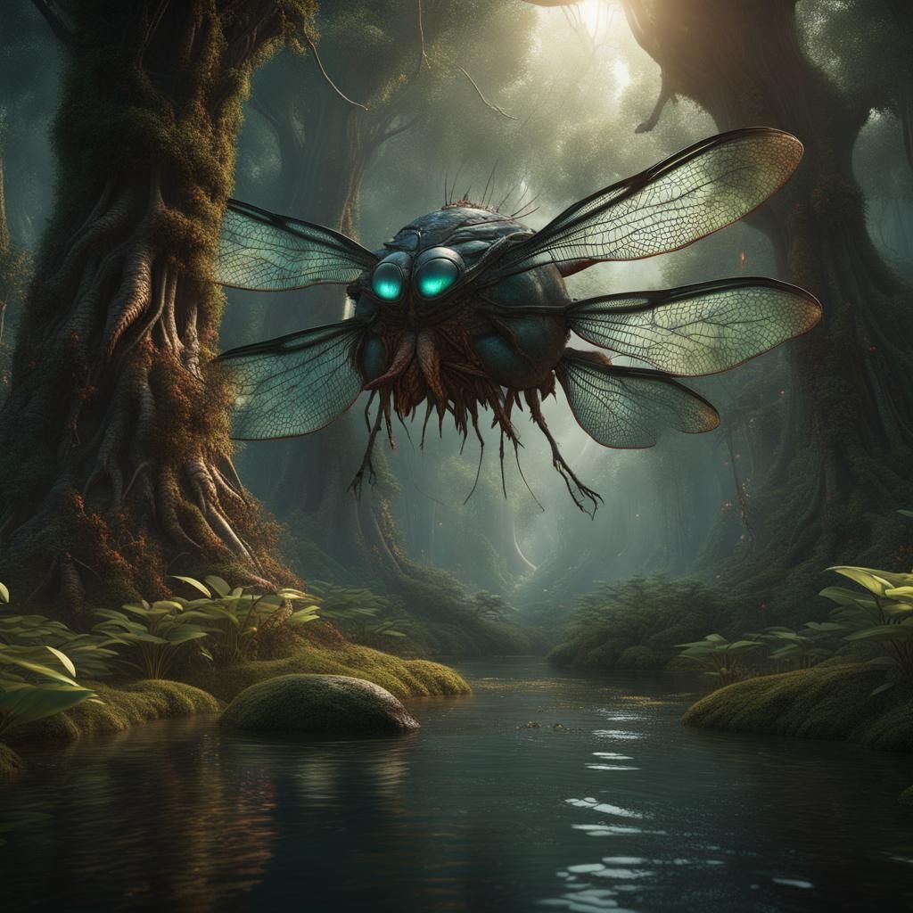Alien Dragonflies Carrying Cocoon in Ancient Forest