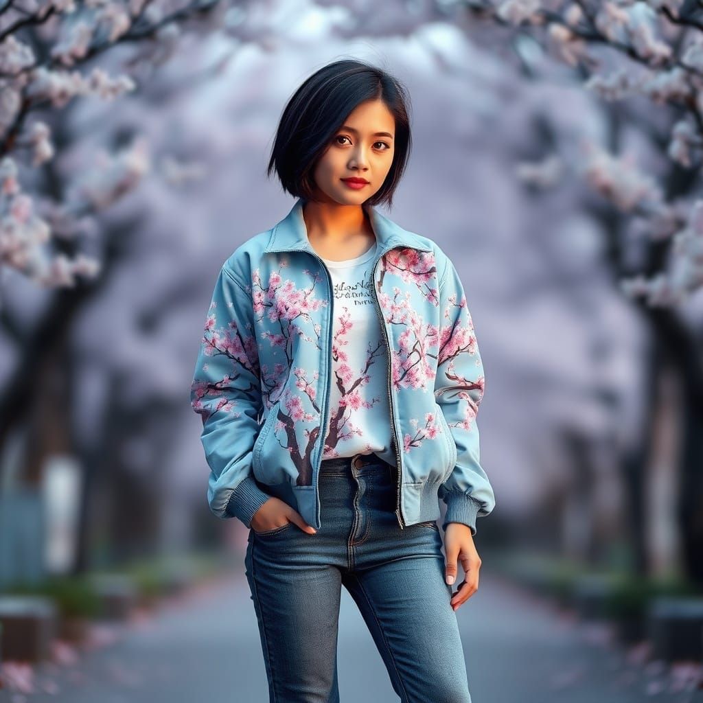 Woman in Sakura Jacket and White Sneakers