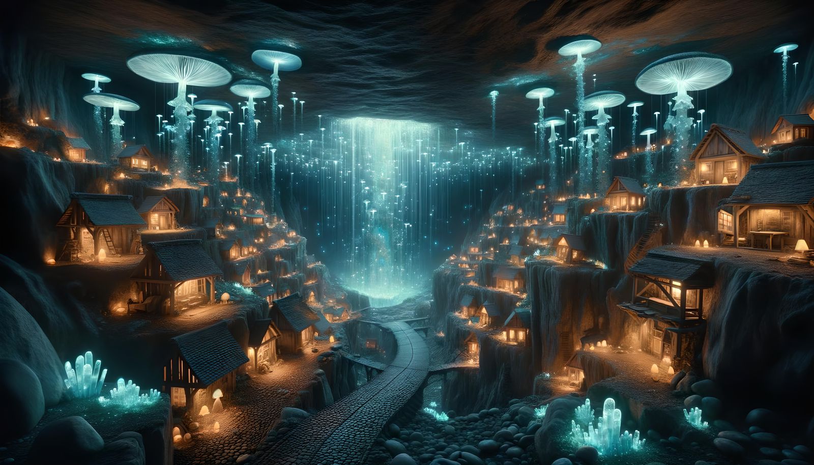 Upside-Down Cavern Village with Bioluminescent Glow