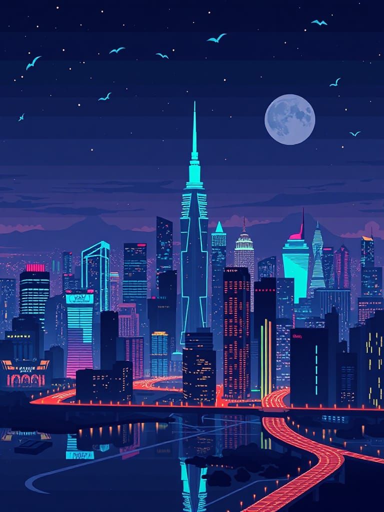 Bioluminescent Pixel Art Cityscape Skyline