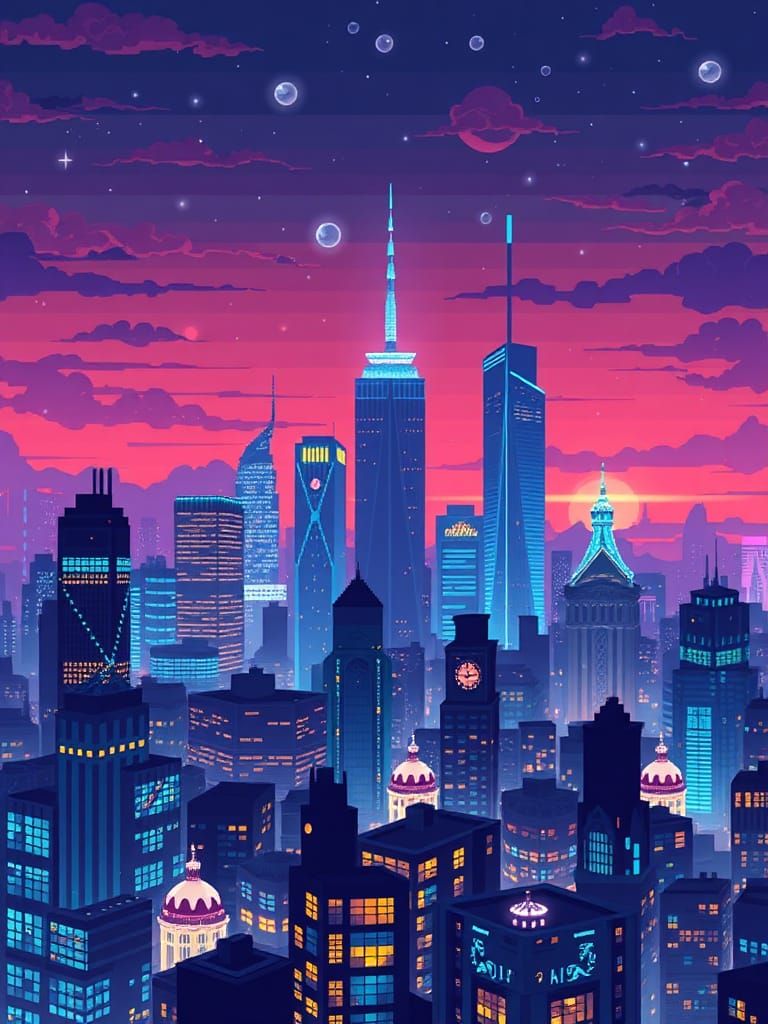 Bioluminescent Cityscape Skyline in Pixel Art