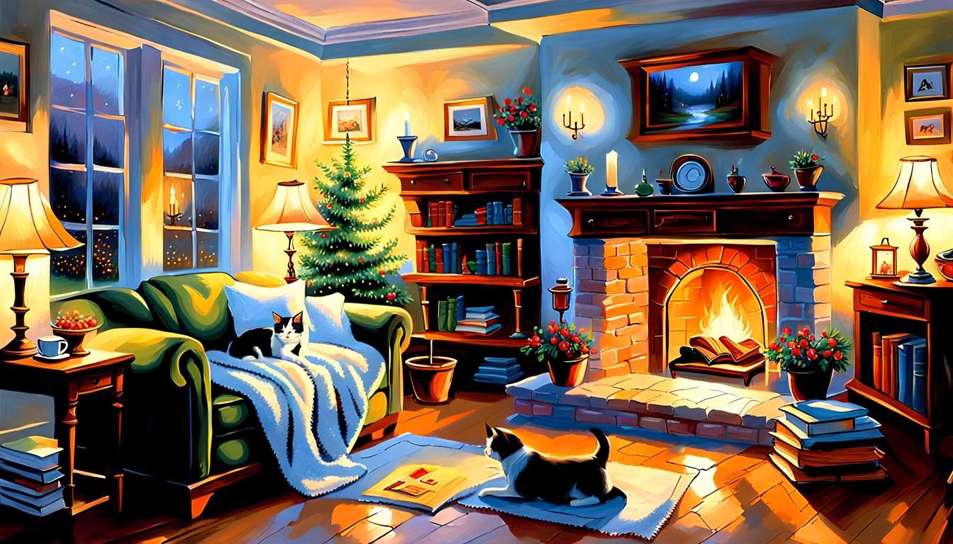 Cozy Evening: Woman with Pets by Fireplace