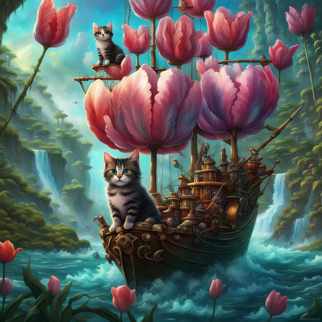Pirate Cats in a Flying Tulip Forest