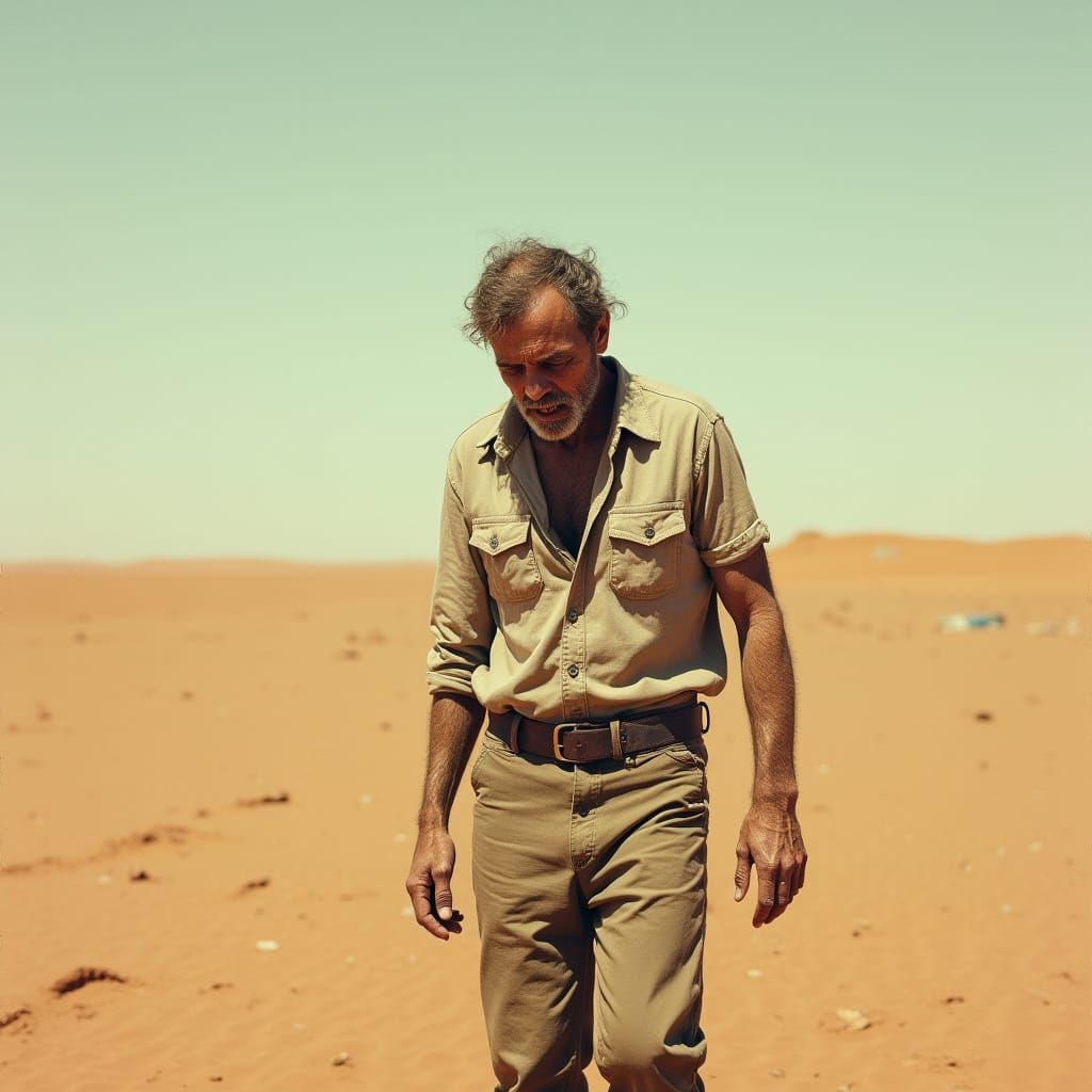 Lone Man's Journey Across a Desolate Desert