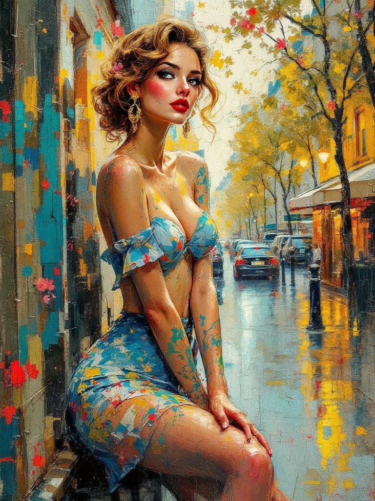 Parisian Street Scene with Pin-Up in Impressionist Wax Style