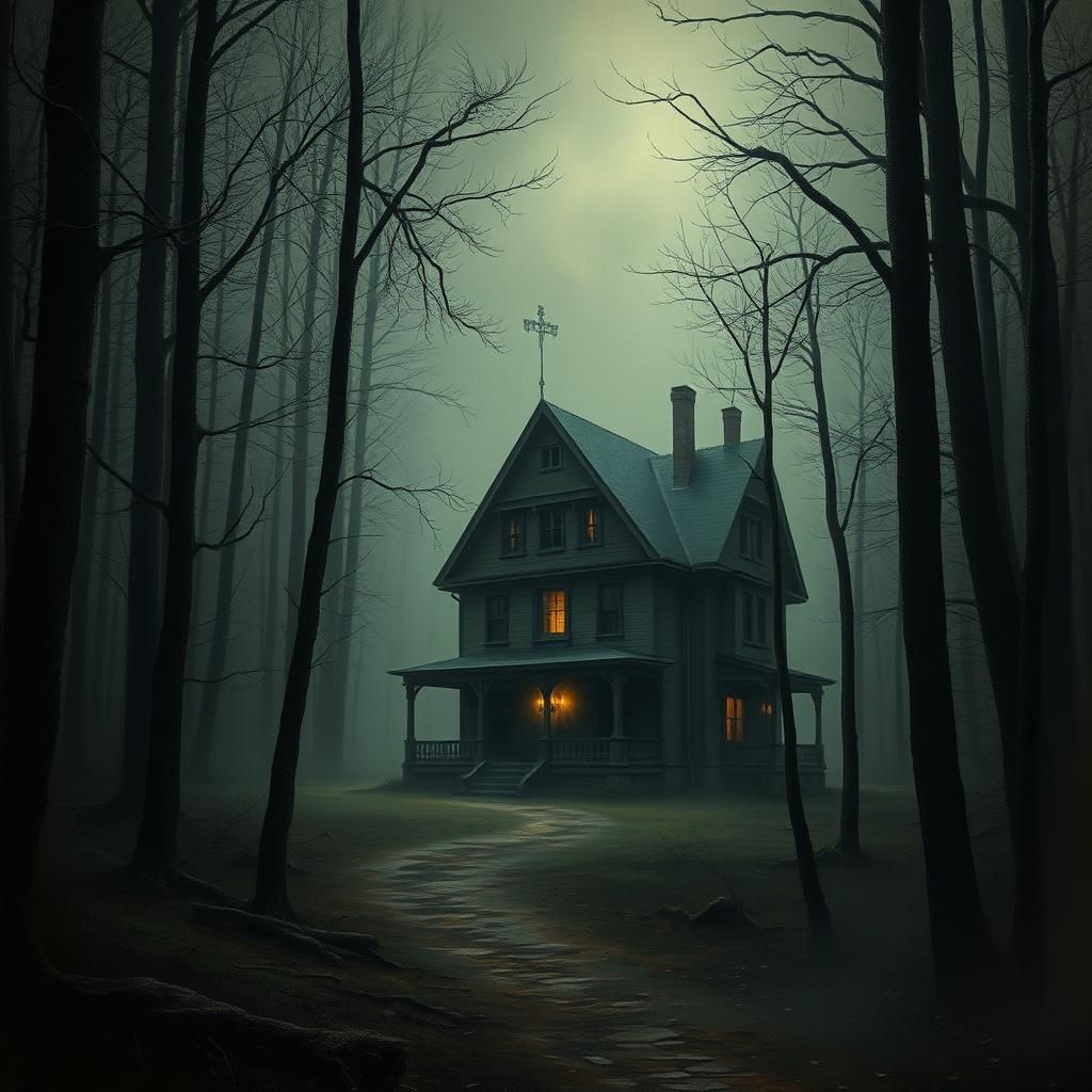 Eerie Haunted House in Misty Forest: Oil Painting