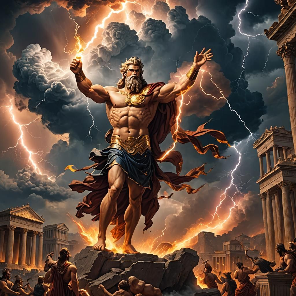 Zeus Dominating Clouds and Ancient City With Lightning