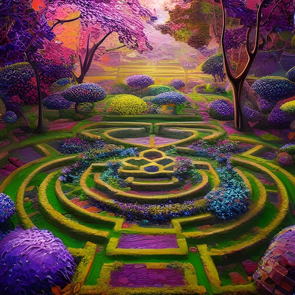 Magical Labyrinth Garden in Detailed Oil Painting Style