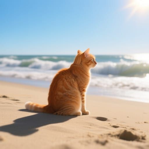 Photorealistic Ginger Cat on Sunny Beach