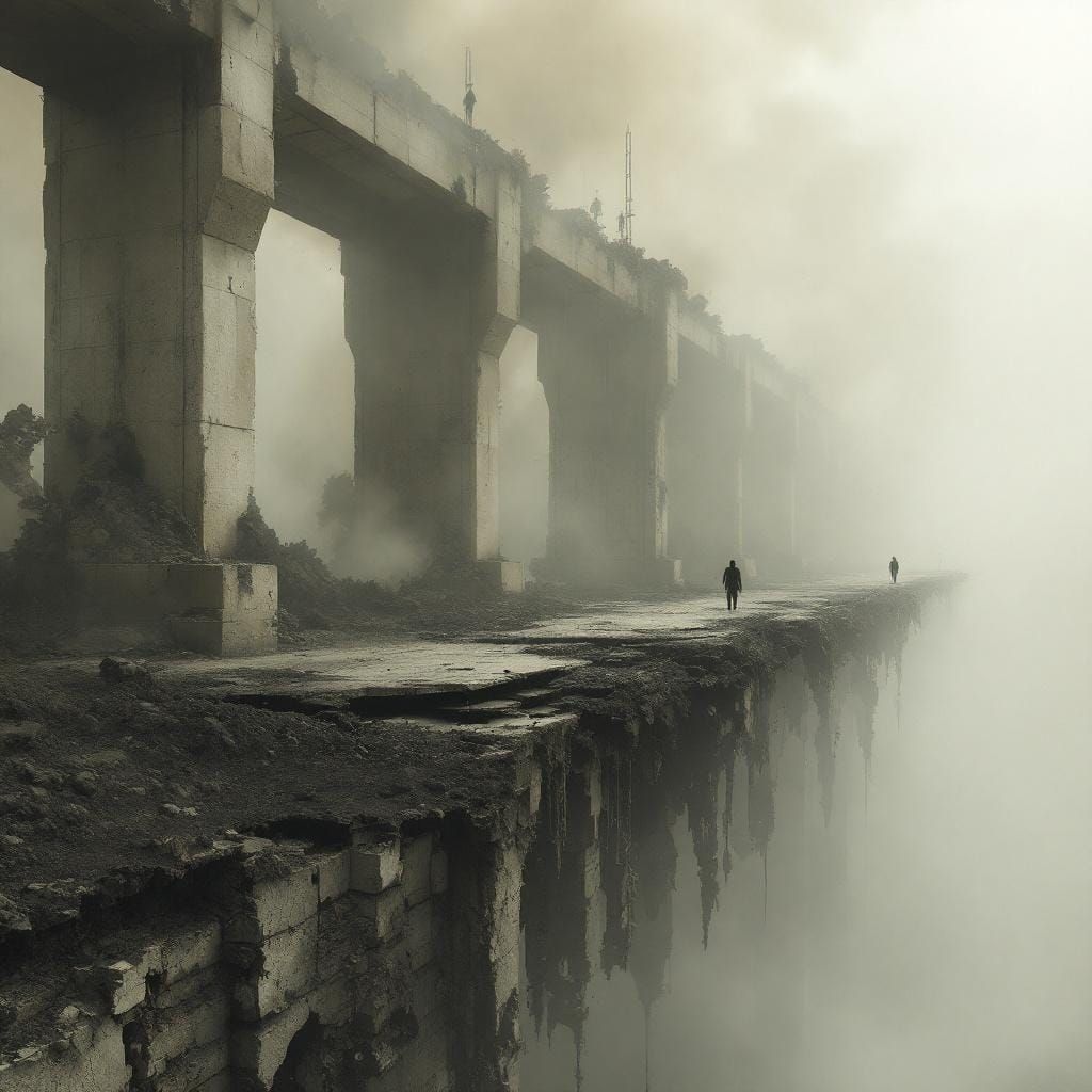 Dystopian Ruined Skybridge Cross-Section in CGI Style