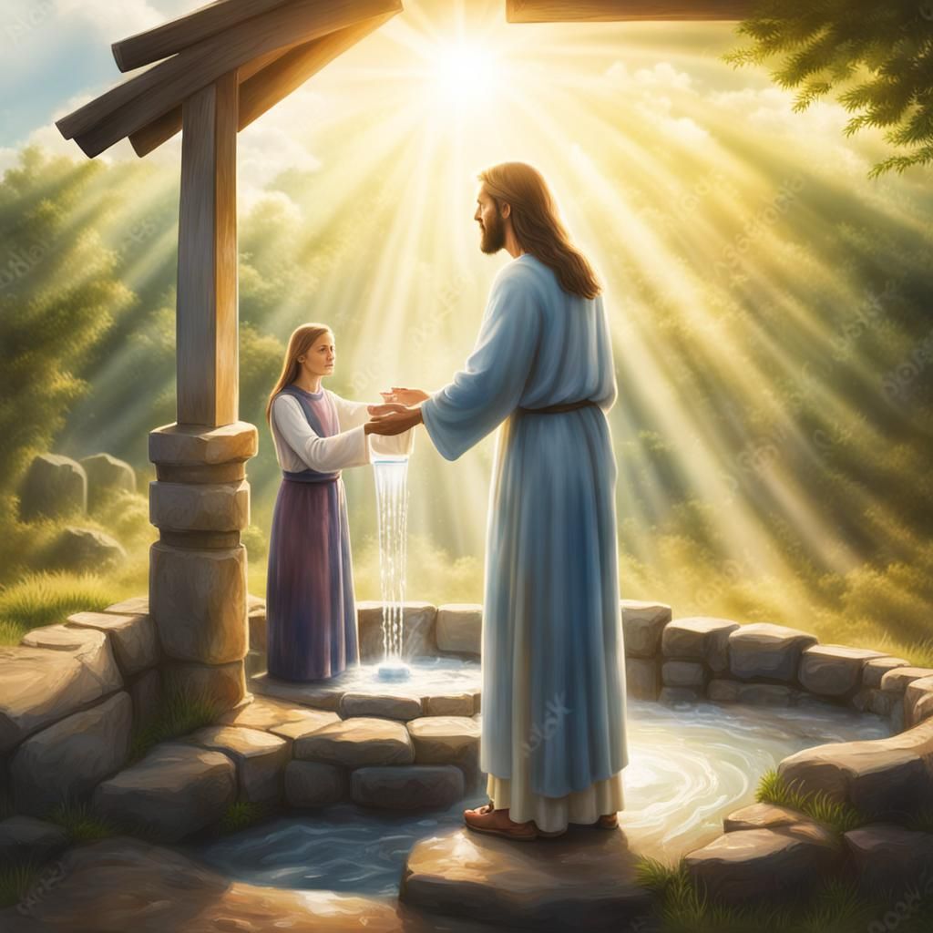 Woman at Well Offers Water to Jesus
