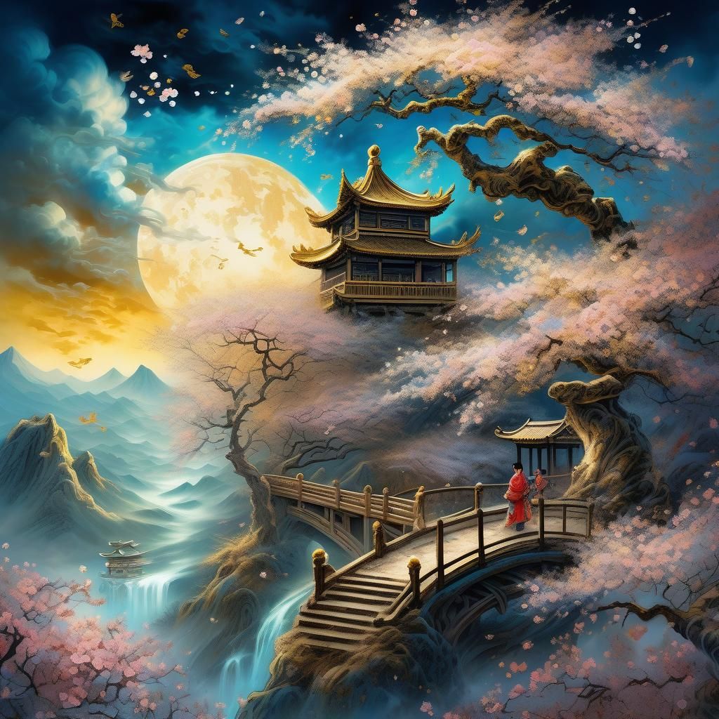 Chinese Fairy Tale in Sakura Clouds, Digital Art