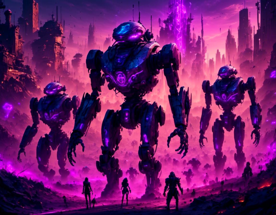 Neon Android Army in Dark Fantasy Cityscape
