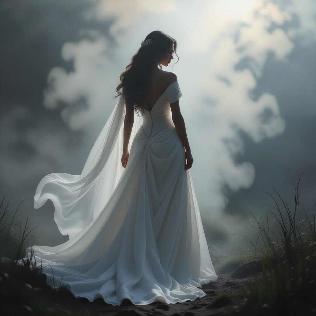 Ethereal Smoke Woman in a Misty Landscape