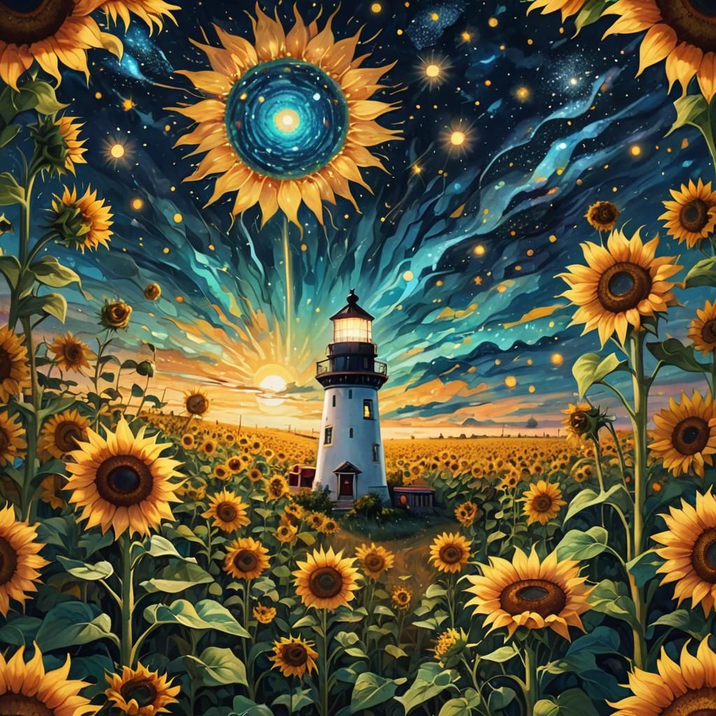 Lighthouse in Sunflower Field Under Starry Sky