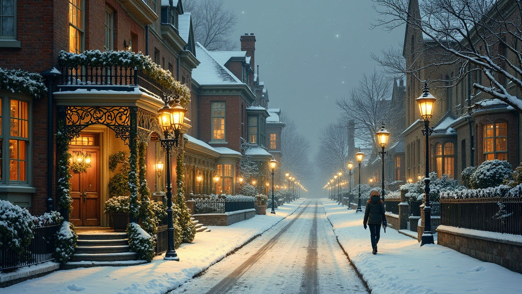 Victorian Christmas Street Scene in Pre-Raphaelite Style