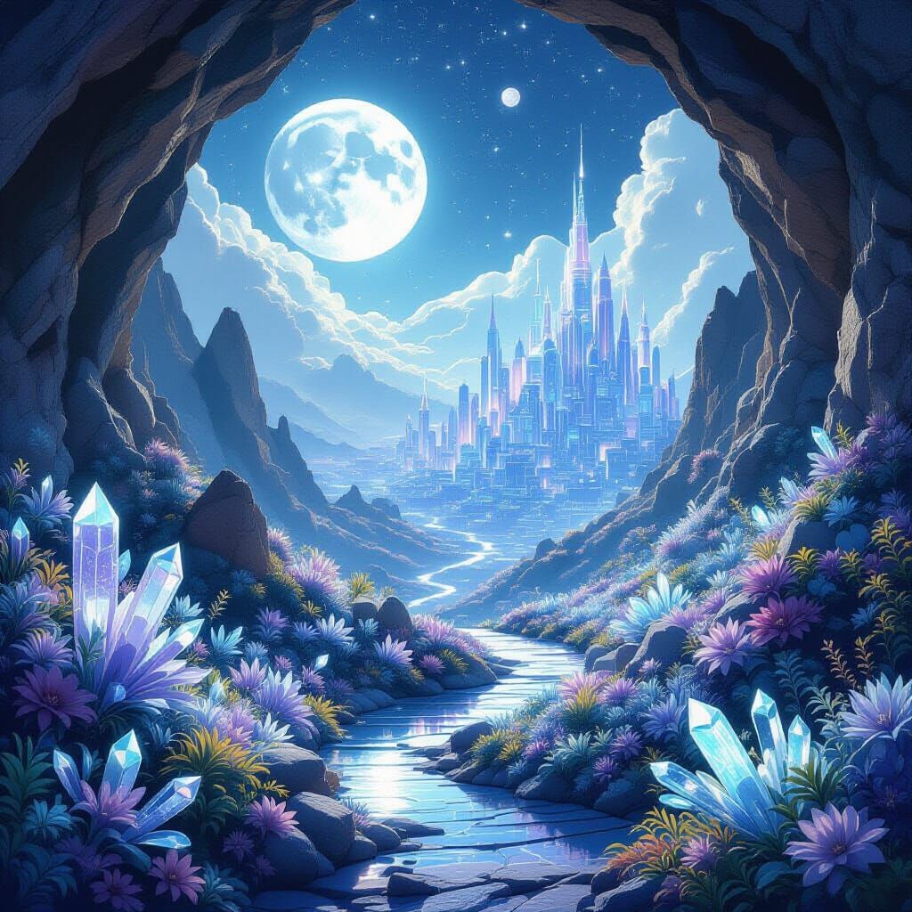 Moonlight City in Crater on Alien Planet