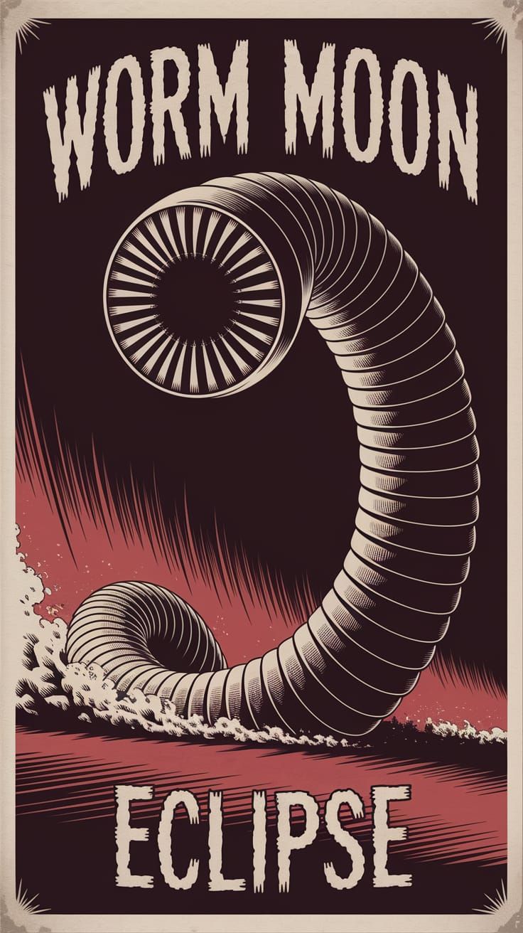 Vintage Horror Movie Poster of Giant Sandworm Under Red Ecli...