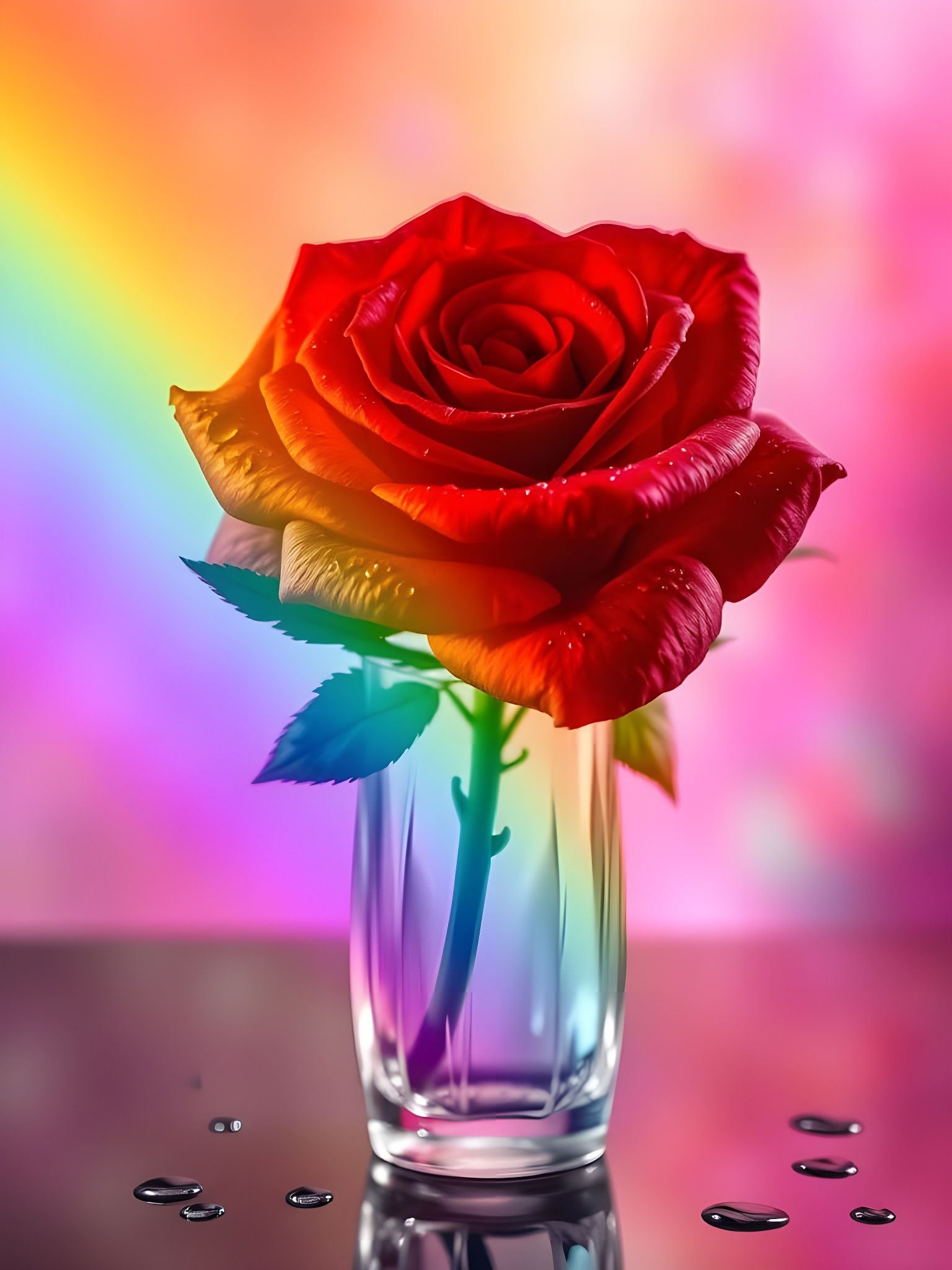 Surreal Scarlet Rose Blooms in Crystal Vase