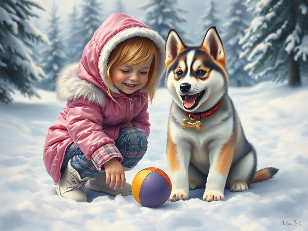 Full body, enchanting hyper realistic detailed oil painting inked with delicate precision of an Adorable little fluffy h...