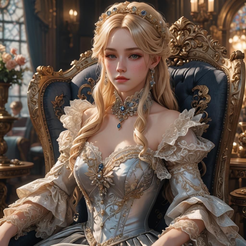 Victorian Lady in Ornate Chair, 3D Anime Art