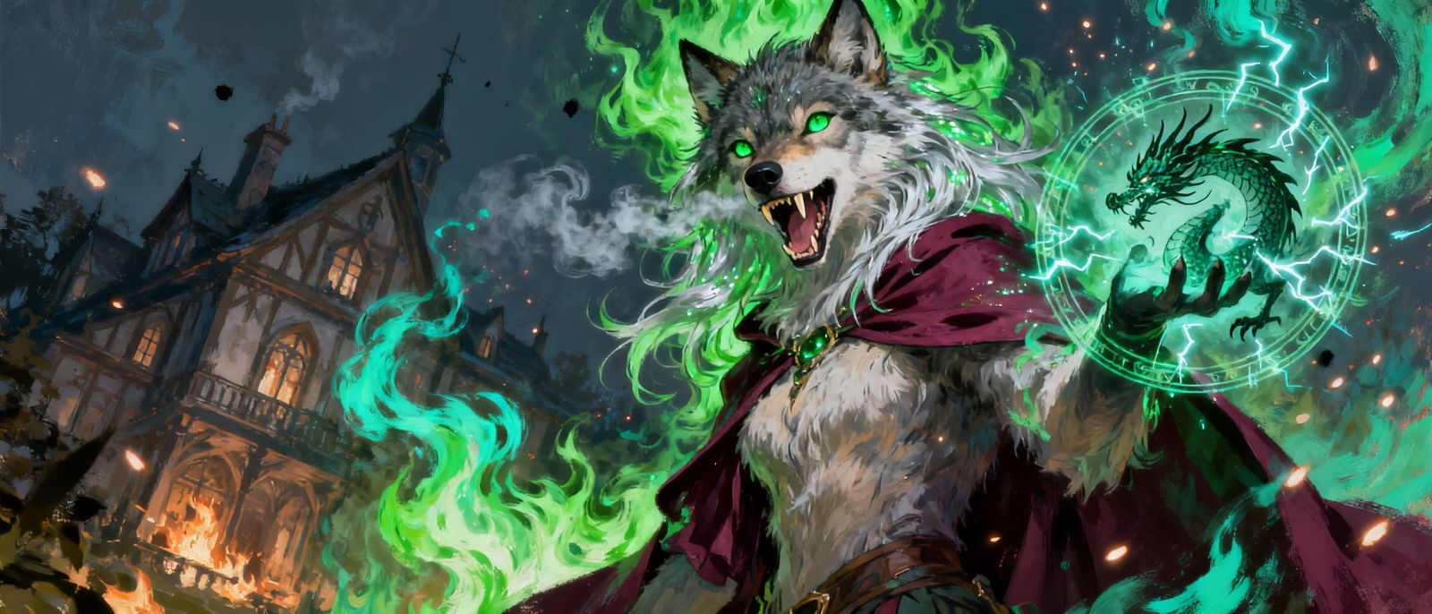 Wolf Sorceress Enveloped in Green Magic Flames