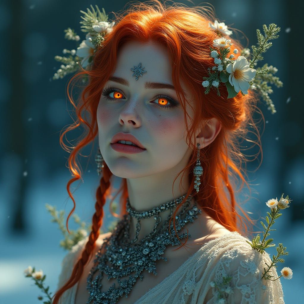 Fiery Red-Haired Woman in Enchanted Snow Forest