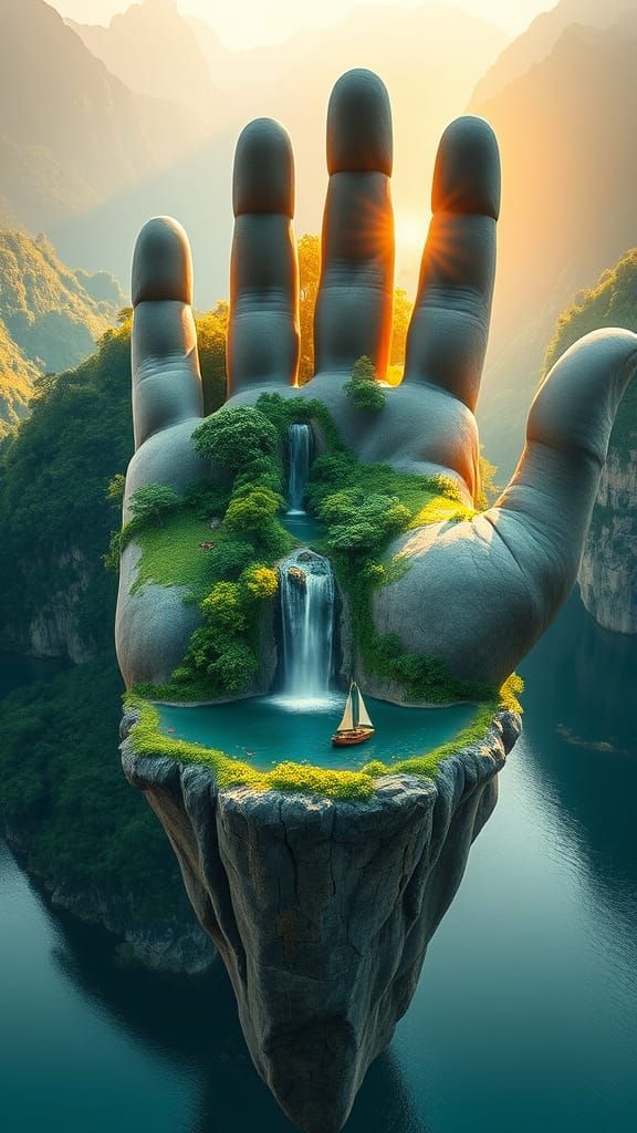 Mythical Hand-Shaped Island Paradise in Dreamlike Realism