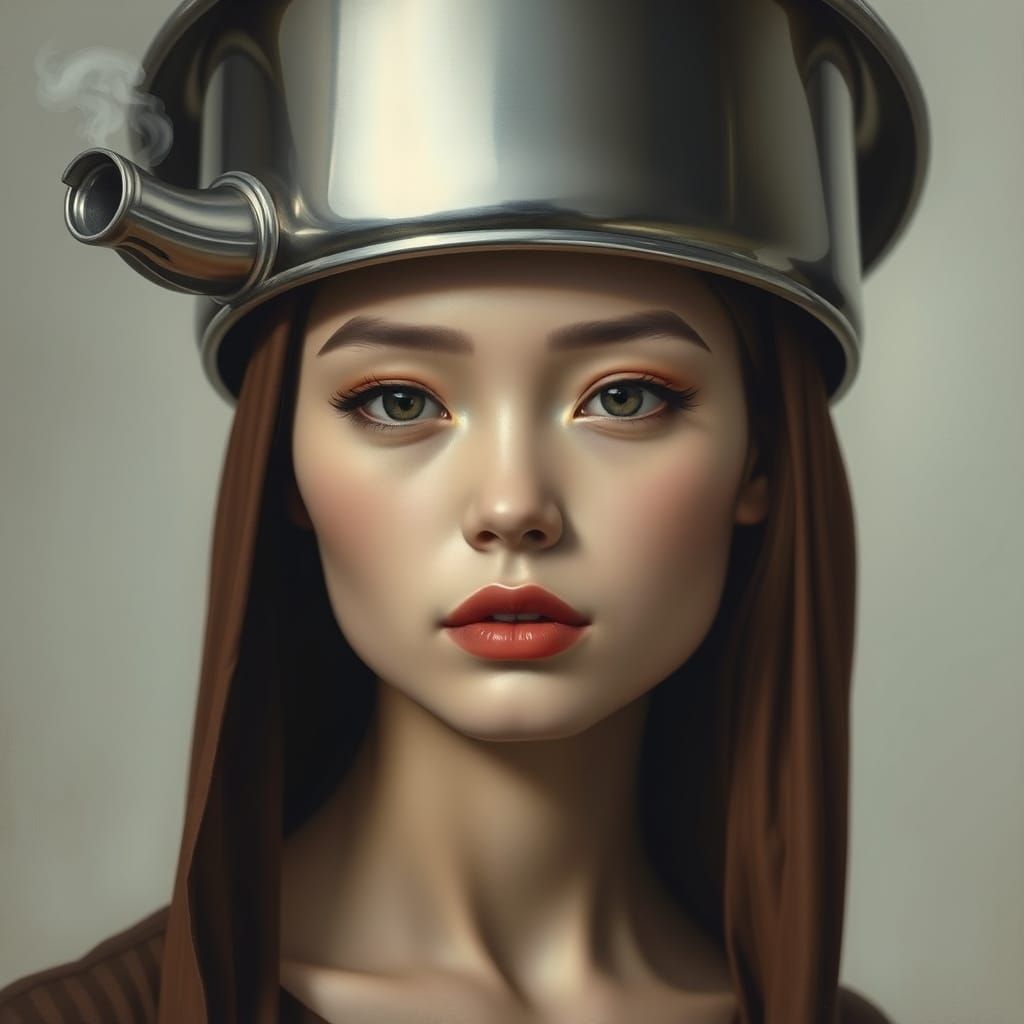 Hyperrealistic Portrait of a Woman Wearing a Kettle Hat in a...