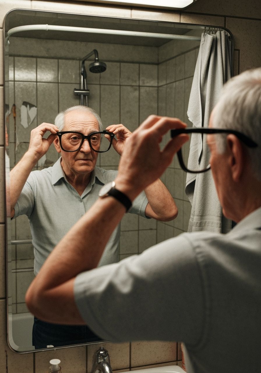 Elderly Man Adjusts Grandpa Glasses in Mirror