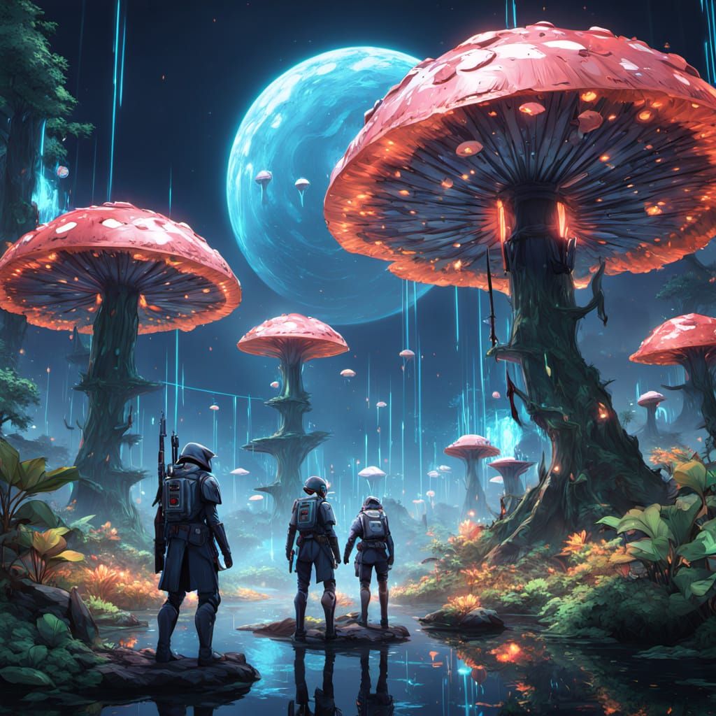 Cyberpunk Warriors Amidst Alien Foliage