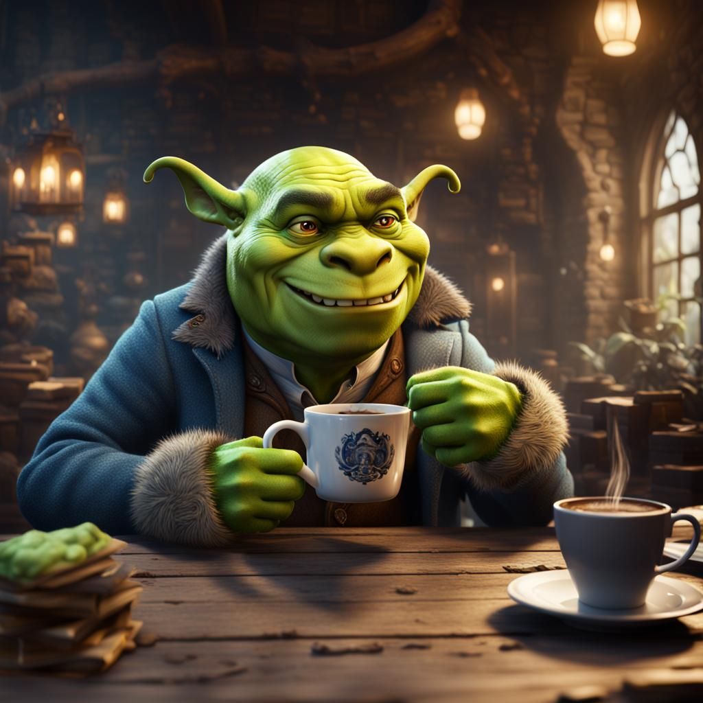 Shrek Enjoying Coffee: Detailed Matte Painting