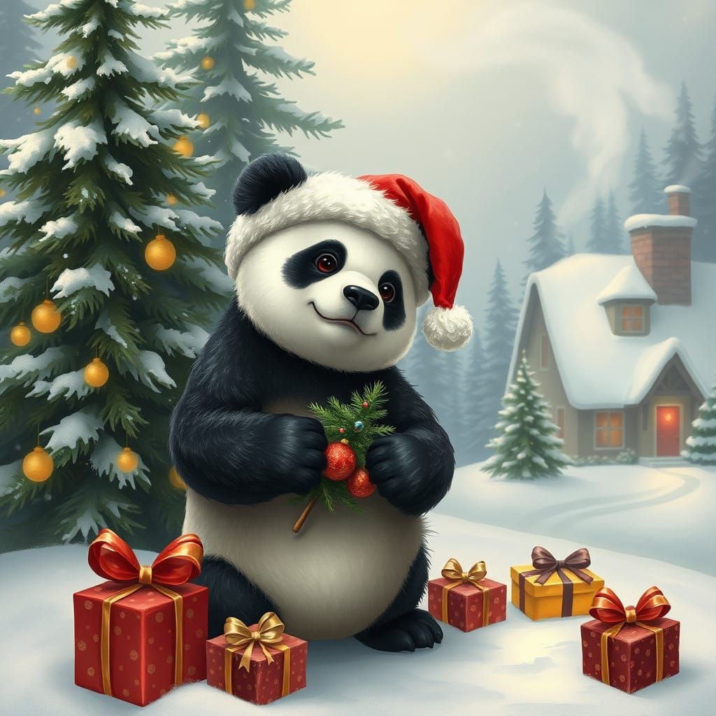 Whimsical Winter Wonderland with Panda in Santa Hat and Snow...