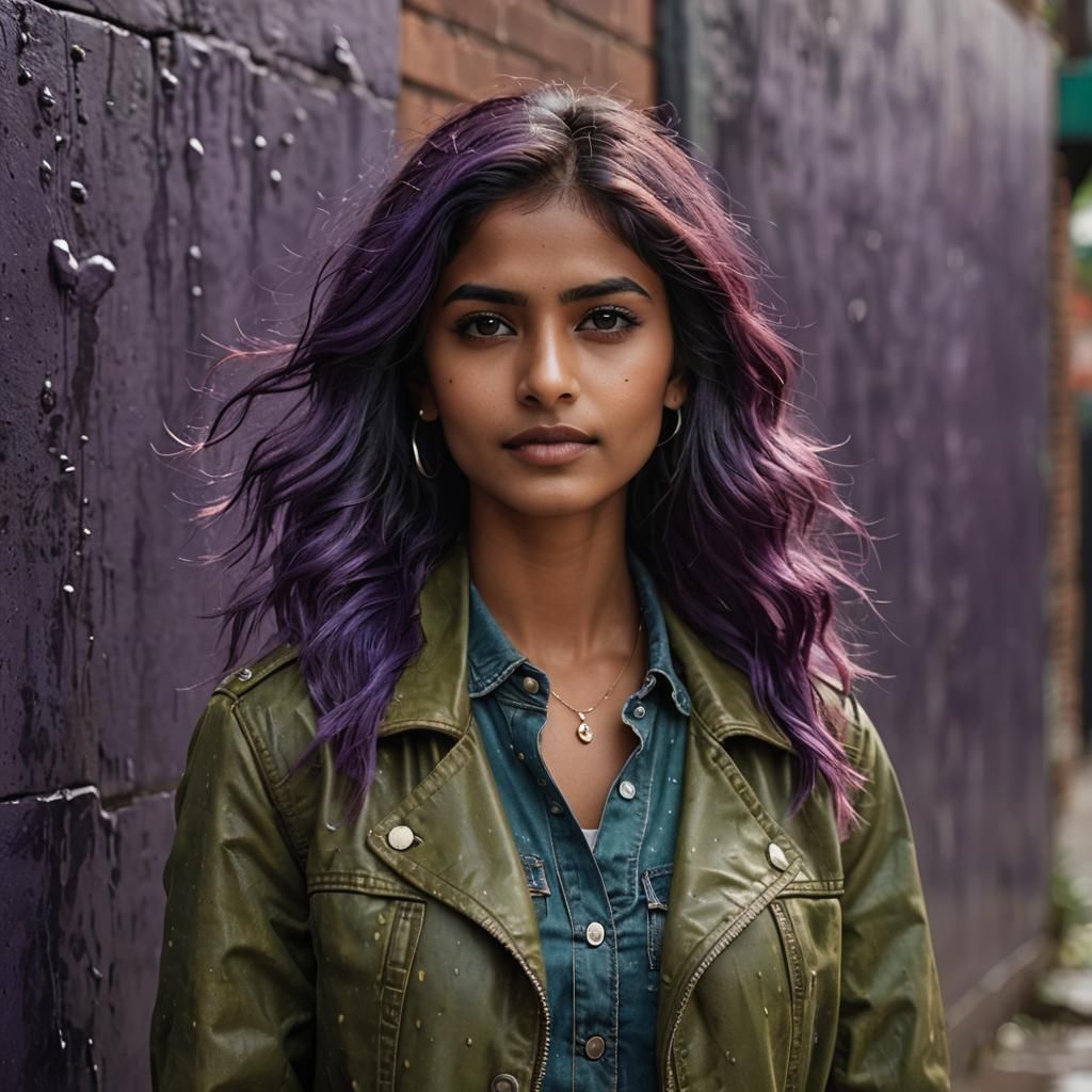 Modern Indian Woman with Rainbow Hair in the Rain