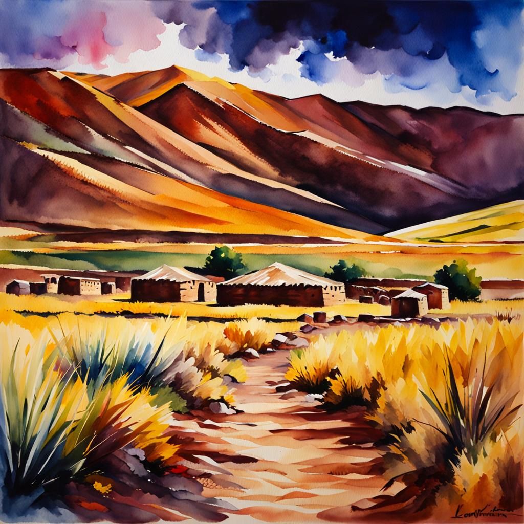 Bolivian Scene in Watercolor Art Style